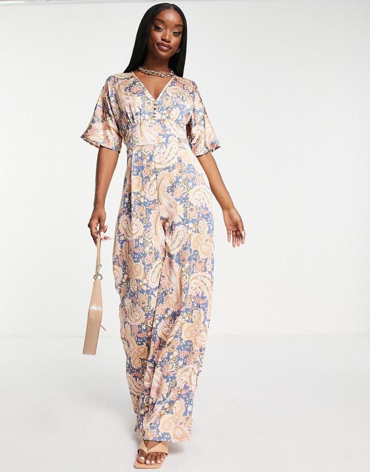 Qed London Button Front Wide Leg Jumpsuit In Paisley Print-multi