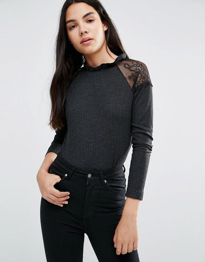 Vero Moda Rib Top With Lace Inserts - Gray