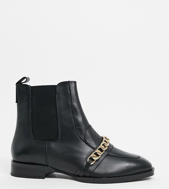 Asos Design Wide Fit Ava Leather Loafer Boot With Chain Trim In Black