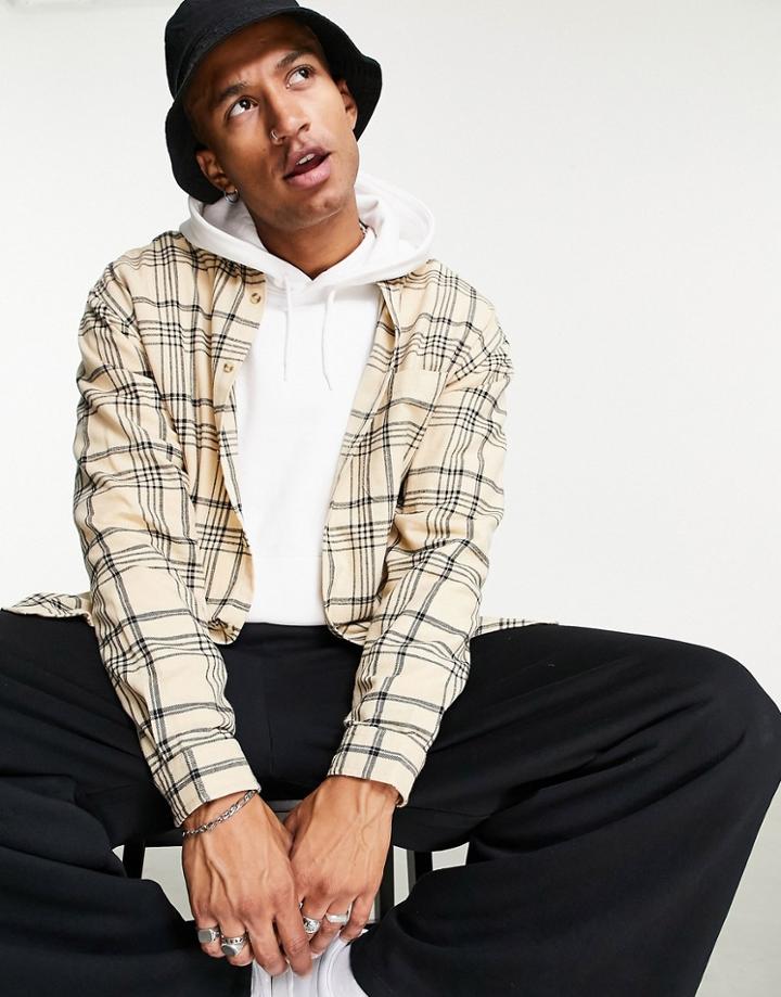 Asos Design 90s Oversized Plaid Shirt In Stone-neutral