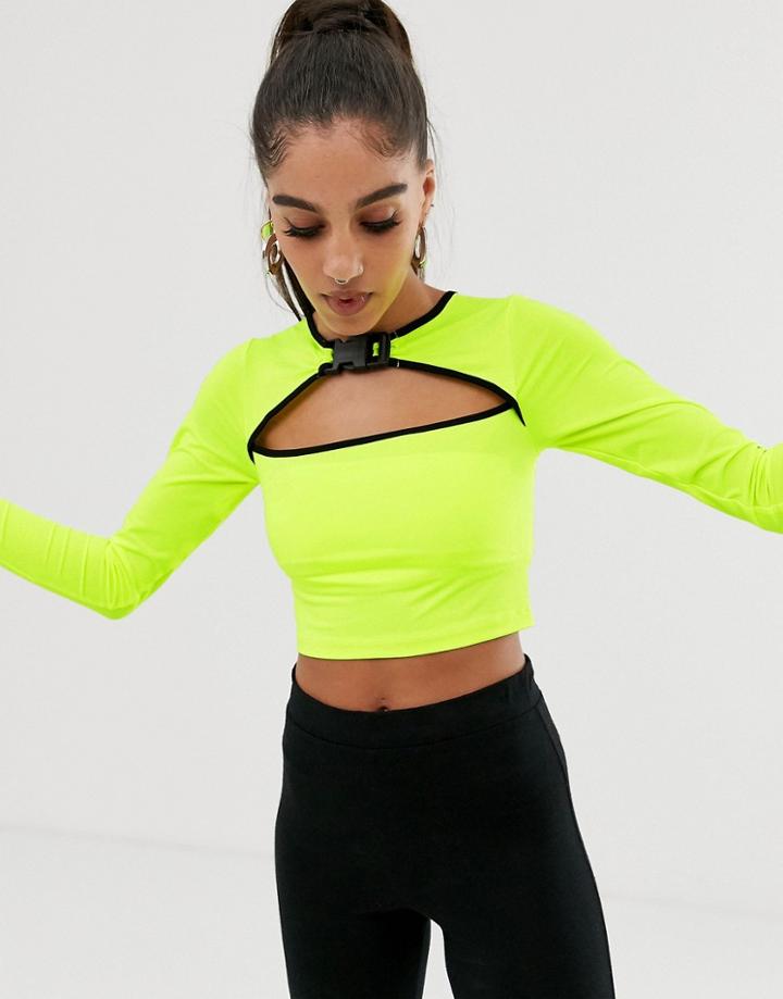Asos Design Cut Out Front Crop Top With Clip And Contrast Binding In Neon Yellow - Yellow
