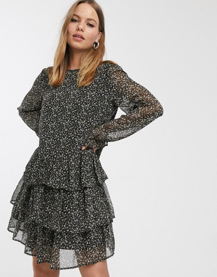 Vero Moda Ruffle Smock Mini Dress In Ditsy Smudge Print-black