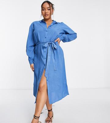 New Look Curve Belted Denim Shirt Dress In Blue