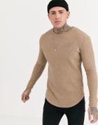 Siksilk Muscle Fit Knitted Crew Neck Sweater In Camel-stone