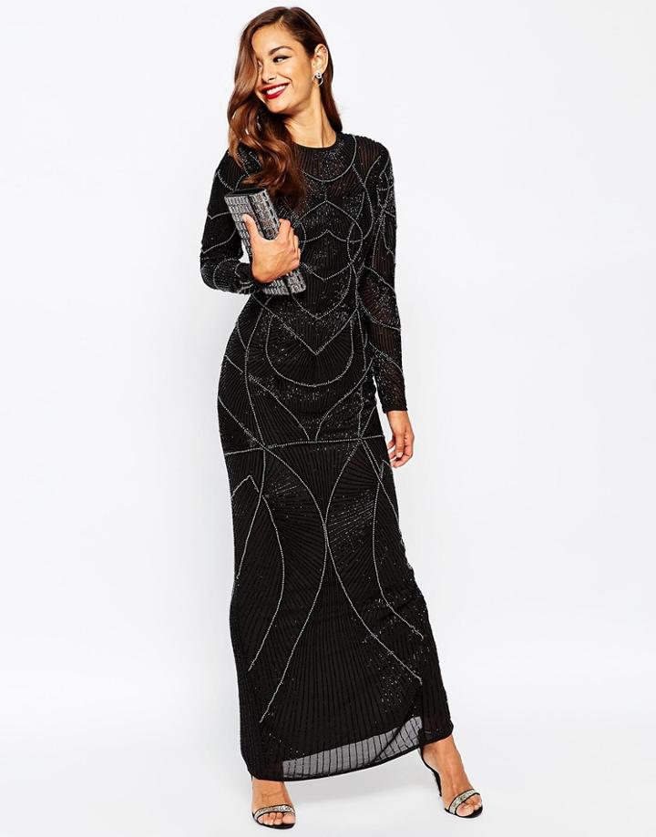 Asos Red Carpet Delicate 20s Beaded Long Sleeve Maxi Dress - Black