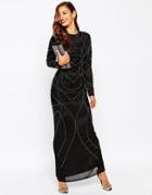 Asos Red Carpet Delicate 20s Beaded Long Sleeve Maxi Dress - Black