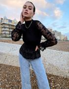 River Island Lace Sleeved Bodyfit Knit Top In Black
