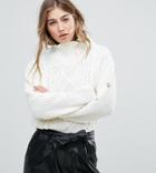 Missguided Cable Knit Popper Sleeve Sweater - Cream