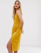 New Look Satin Jacquard Midi Dress In Gold