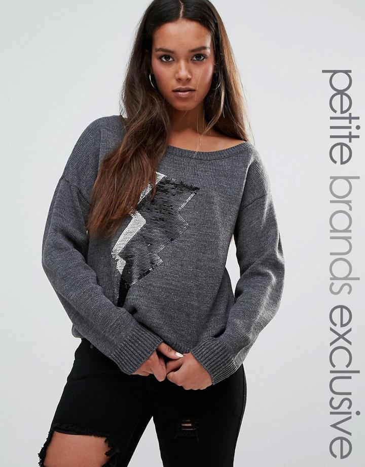 Noisy May Petite One Shoulder Knitted Sweat With Sequin Lightning Motif - Gray