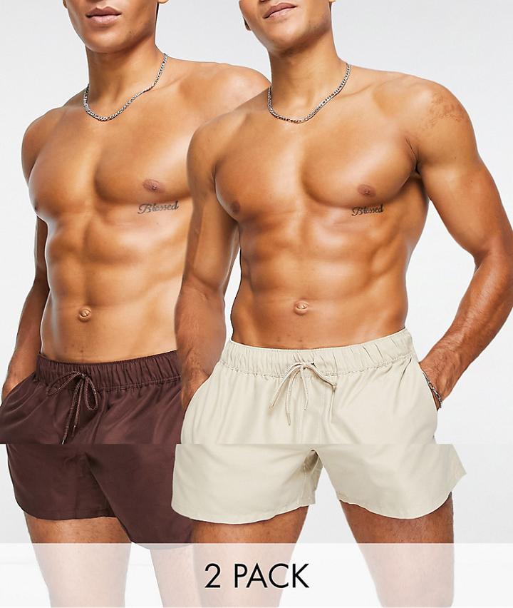Asos Design 2 Pack Swim Shorts In Brown And Beige Short Length Save-multi