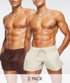 Asos Design 2 Pack Swim Shorts In Brown And Beige Short Length Save-multi