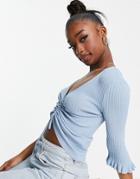 Missguided Ribbed Top With Ruched Detail In Blue-blues