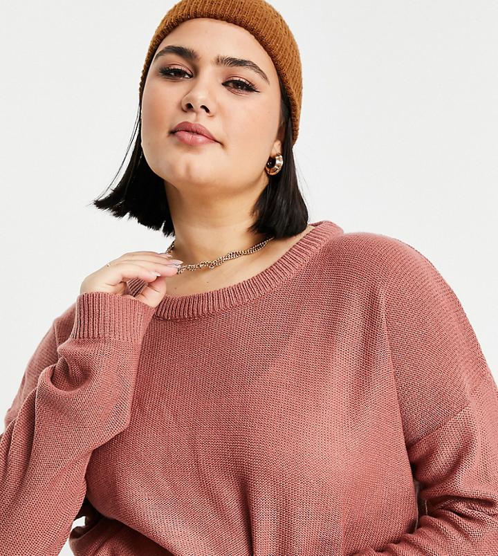 Brave Soul Plus Oversized Grunge Boxy Crew Neck Sweater-pink