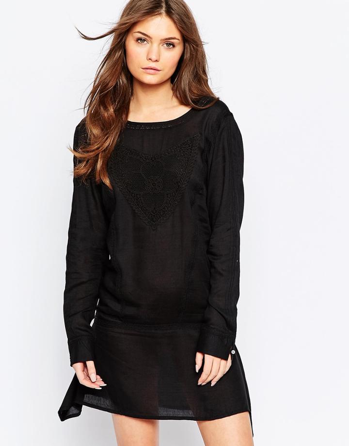 Diya Tunic Dress With Crochet Panel And Drop Hem - Black