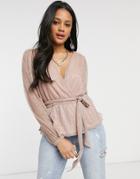 Ever New Plisse Wrap Top With Tie Waist And Balloon Sleeve In Metallic Blush-pink