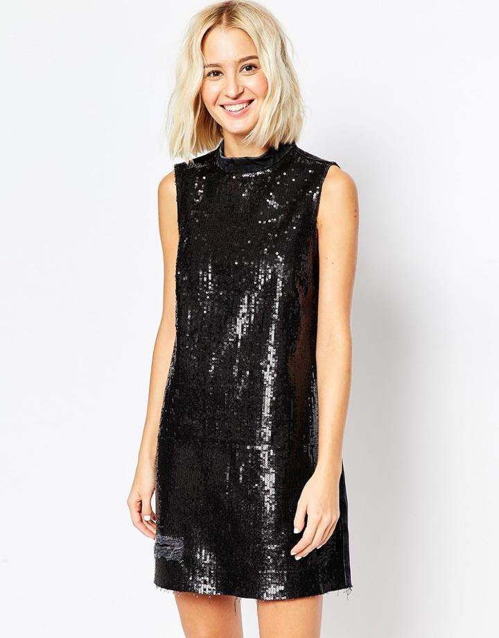Asos Denim Turtleneck Dress With Sequins And Rips - Black