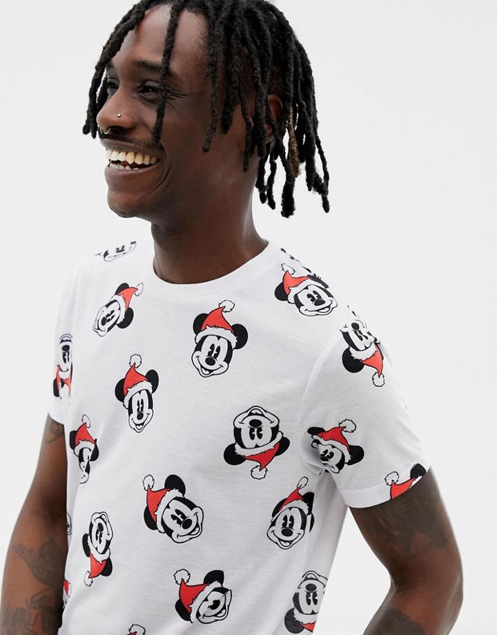 Asos Design Holidays Mickey Mouse T-shirt With All Over Santa Print - White
