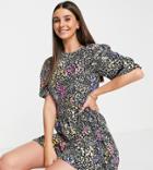 Influence Tall Puff Sleeve Tie Waist Mini Dress In Floral Print-multi