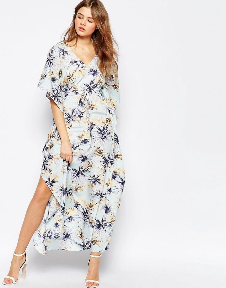 Traffic People Caftan Maxi Dress In Palm Print - Blue