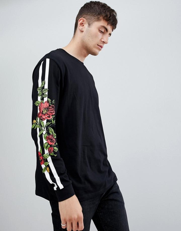 Asos Design Relaxed Long Sleeve T-shirt With Side Stripe And Floral Print - Black