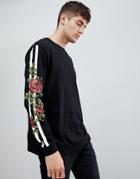 Asos Design Relaxed Long Sleeve T-shirt With Side Stripe And Floral Print - Black