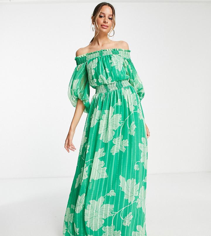 Asos Design Tall Off-shoulder Maxi Dress With Blouson Sleeves In Self Stripe In Meadow Floral-multi
