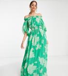Asos Design Tall Off-shoulder Maxi Dress With Blouson Sleeves In Self Stripe In Meadow Floral-multi