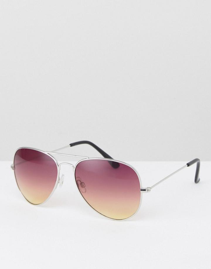 Asos Aviator Sunglasses In Silver With Purple Fade Lens - Purple