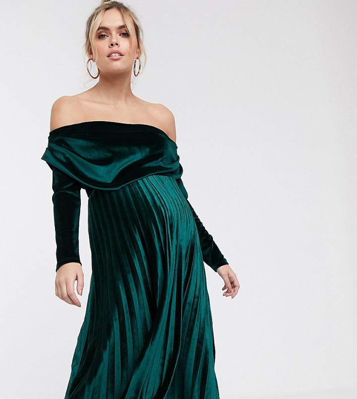Asos Design Maternity Velvet Long Sleeve Bardot Pleated Midi Dress-green