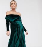 Asos Design Maternity Velvet Long Sleeve Bardot Pleated Midi Dress-green