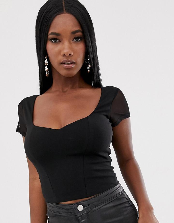 Asos Design Sweetheart Neck Top With Mesh Cap Sleeve - Black