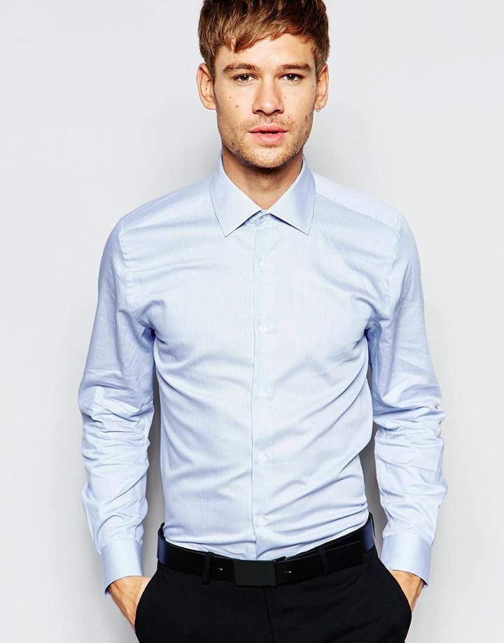 Number Eight Savile Row Fine Stripe Shirt With Point Collar In Skinny Fit - Sky Blue