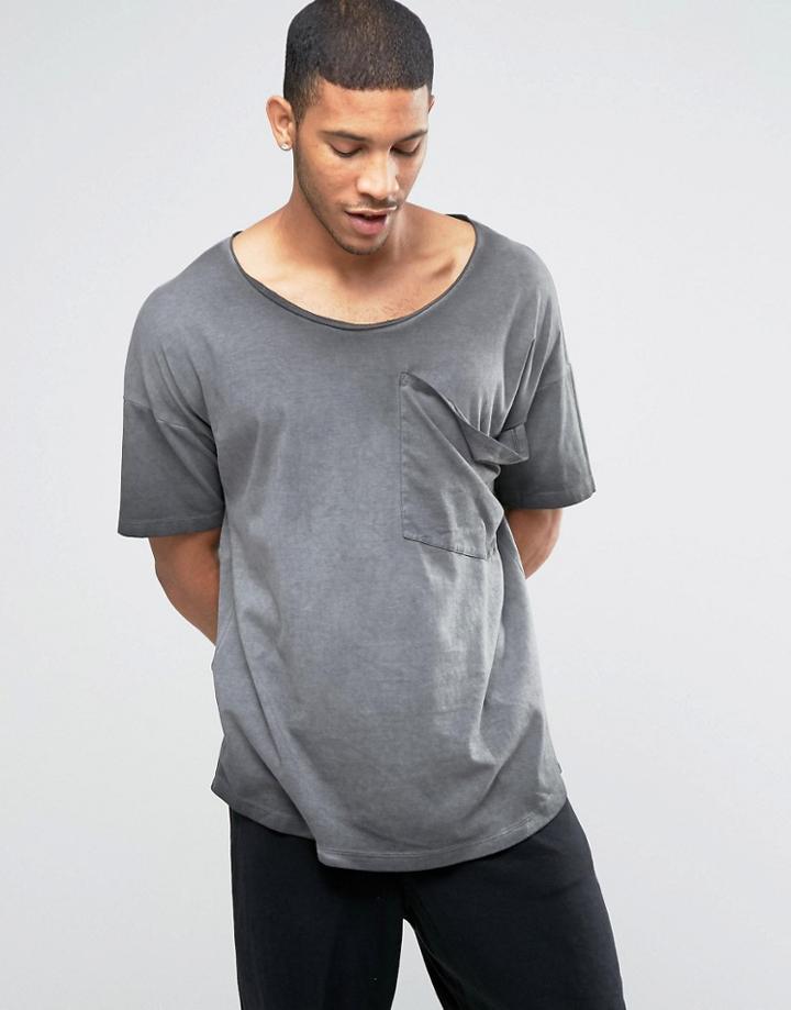 Asos Oversized Longline T-shirt With Drape Pocket And Scoop Neck In Pigment Dye - Gray