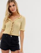Asos Design Cropped Cardigan With Ruffle Edges - Yellow