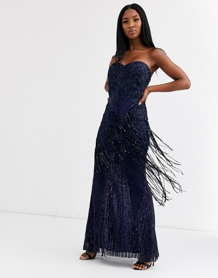 Goddiva Bandeau Fringe Sequin Maxi Dress In Navy-cream