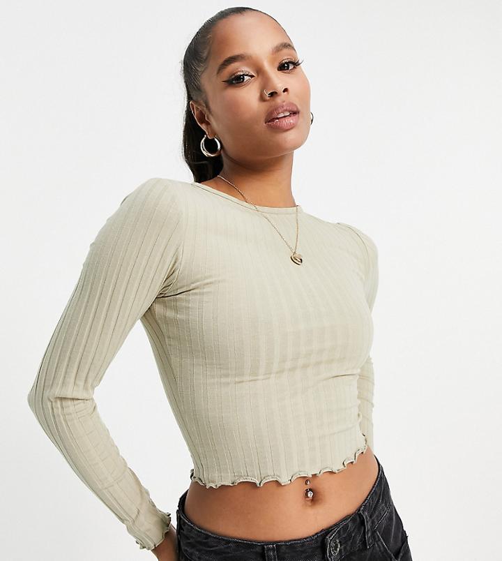 Asos Design Petite Lettuce Edge Crop T-shirt In Khaki-green