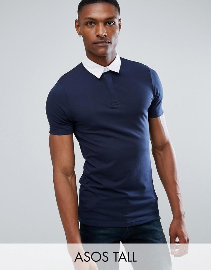 Asos Tall Muscle Rugby Polo Shirt In Navy - Navy