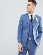Asos Design Wedding Skinny Suit Jacket In Provence Blue Cross Hatch With Printed Lining - Blue