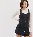 Asos Design Tall Denim Button Pinafore Mini Dress In Black - Black