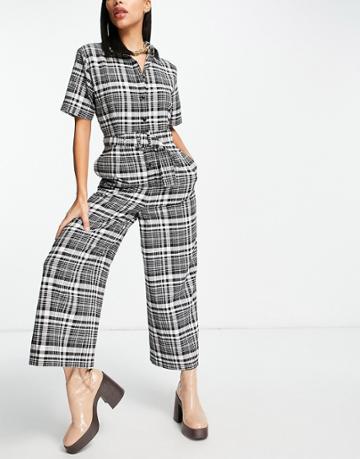 Asos Design Short Sleeve Button Front Belted Fit And Flare Jumpsuit In Mono Check-multi