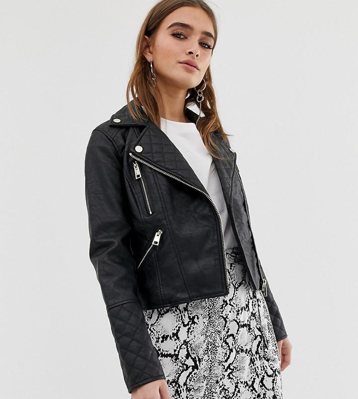 River Island Petite Quilted Faux Leather Jacket In Black - Black