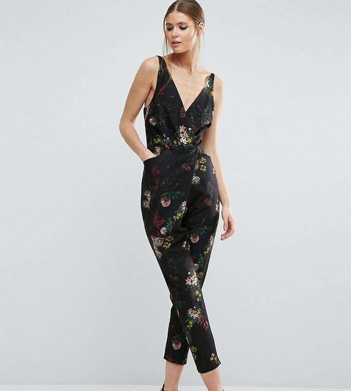Asos Tall Cami Wrap Jumpsuit With Peg Leg In Floral Tiger Print - Multi