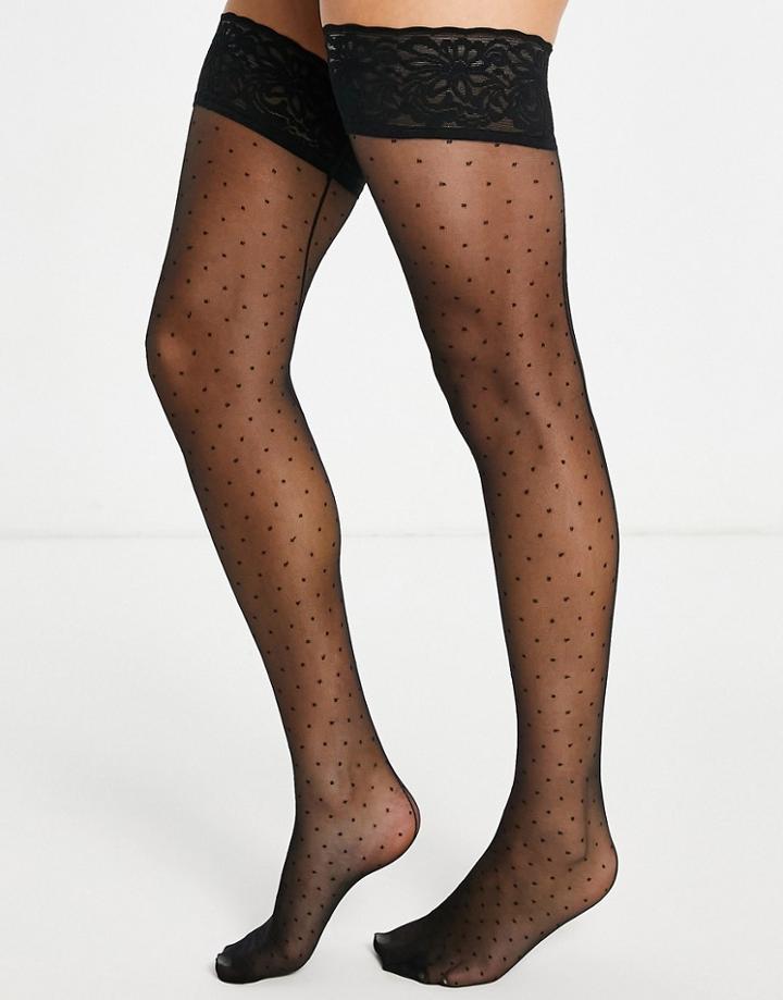 Hunkemoller Dotted Lace-top Stockings With Back Seam In Black