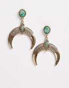 Reclaimed Vintage Inspired Horn Earrings With Stone Detail - Gold