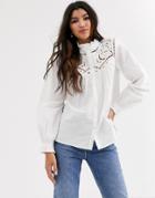 Asos Design Long Sleeve Cotton Shirt With Cut Out Detail-white