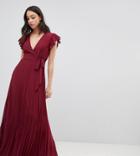Asos Design Tall Pleated Maxi Dress With Flutter Sleeve - Red