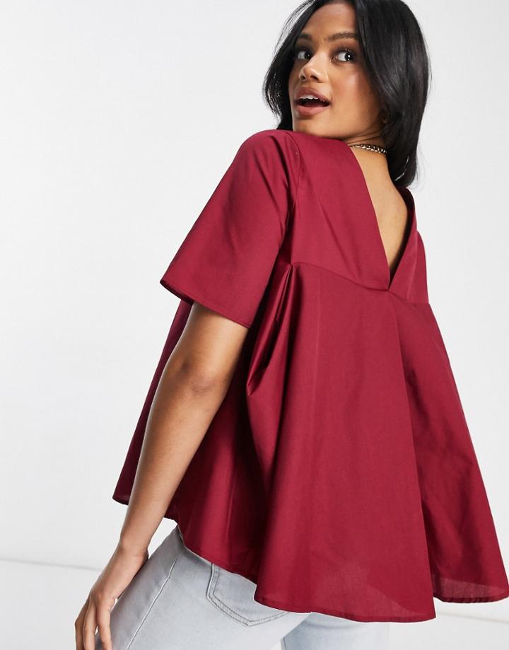 Asos Design Short Sleeve Cotton Top With Pleat Back Detail In Berry-red