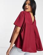 Asos Design Short Sleeve Cotton Top With Pleat Back Detail In Berry-red