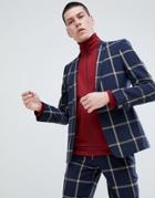 Asos Design Skinny Suit Jacket In Navy Seersucker Windowpane Check - Navy